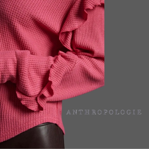 🌺 Anthropologie Pilcro Waffle Knit Wide V-Neck Slouchy Ruffle Top Pink Size Med - Picture 11 of 17